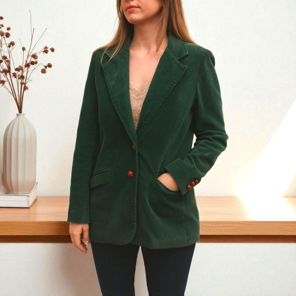Vintage Green Corduroy 2 Button Blazer 100% Cotton 8 Small Made In Hong Kong - Picture 1 of 5
